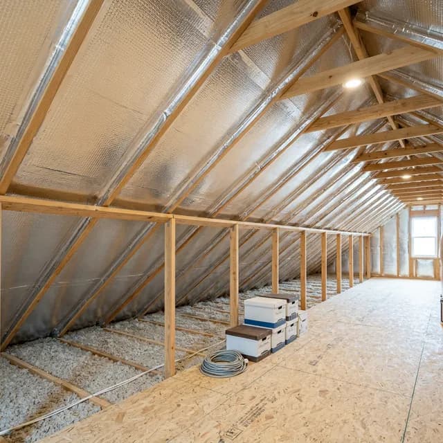 High-performance silver reflective radiant barrier foil installed along roof decking in a Dallas, TX attic